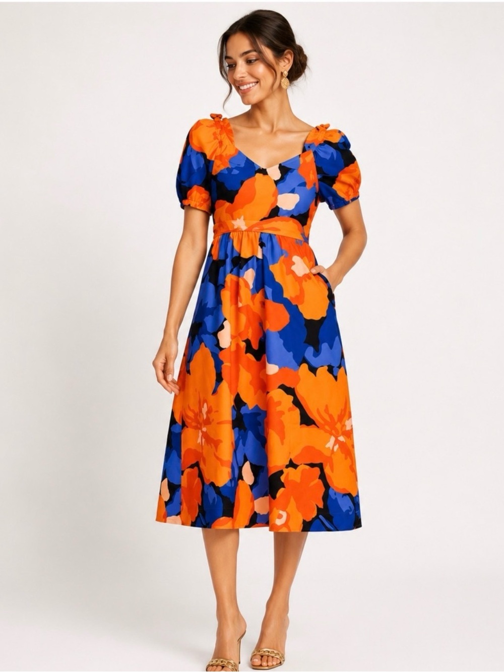 TABITHA BROWN x TARGET sz 8 Floral Print Puff Sleeve Tie-back Midi Dress